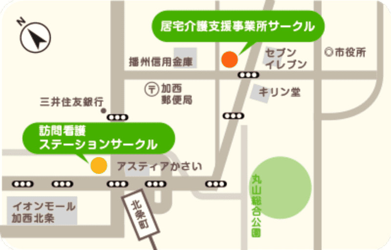 北条鉄道 北条町駅から居宅介護支援事業所サークルへの案内地図。北条町駅を出て北へ進み、播州信用金庫やセブンイレブンのある通りまで歩くと、徒歩約15分で居宅介護支援事業所サークルに到着する。